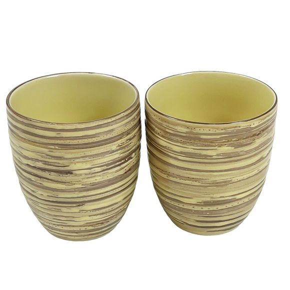 2 Thomson Pottery BIRCH Mugs Textured Striped Farmhouse Rustic Yellow Brown - Picture 3 of 12